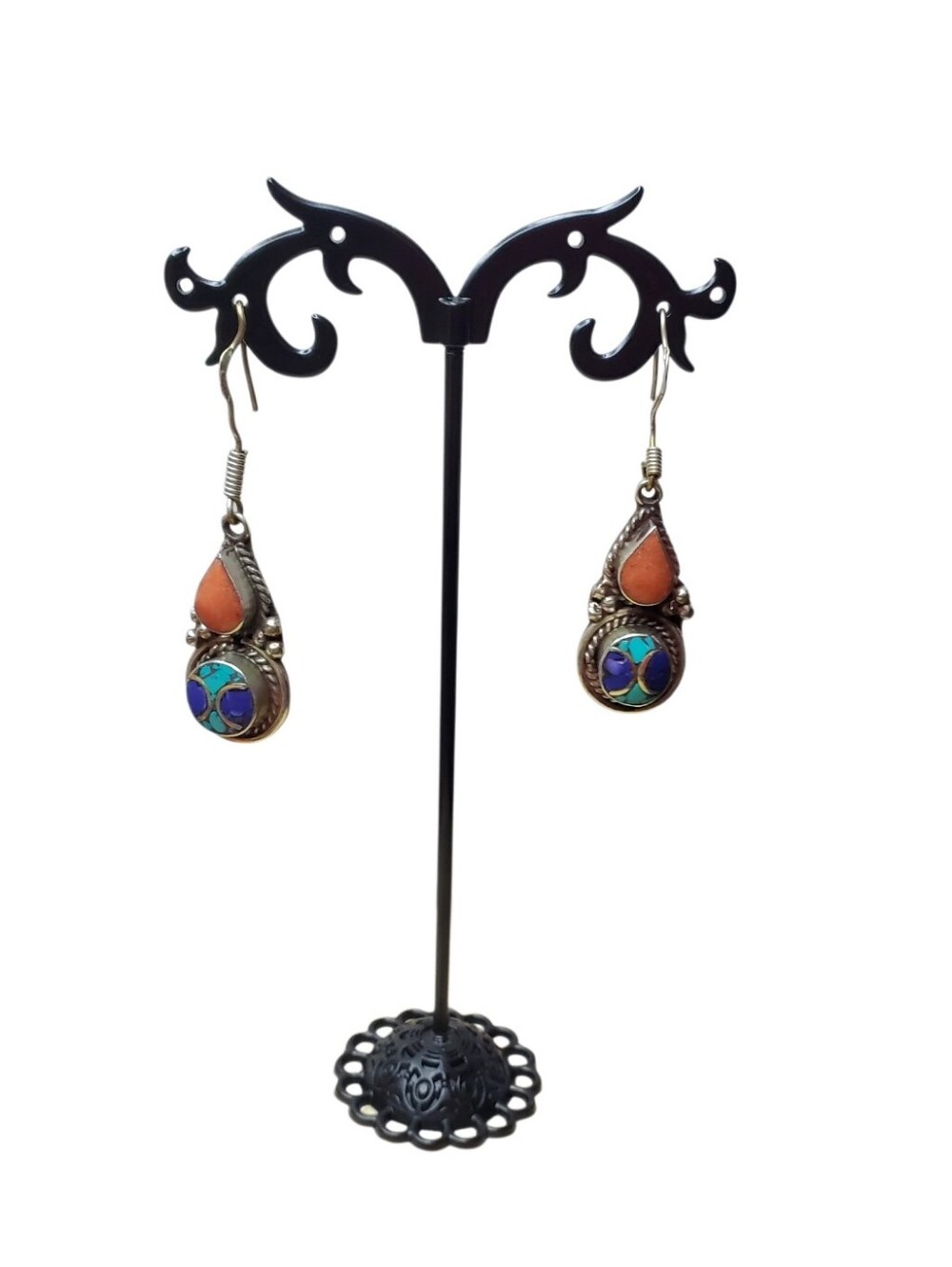 Vtg. Tibetan Gemstones Inlay Dangle Earrings
